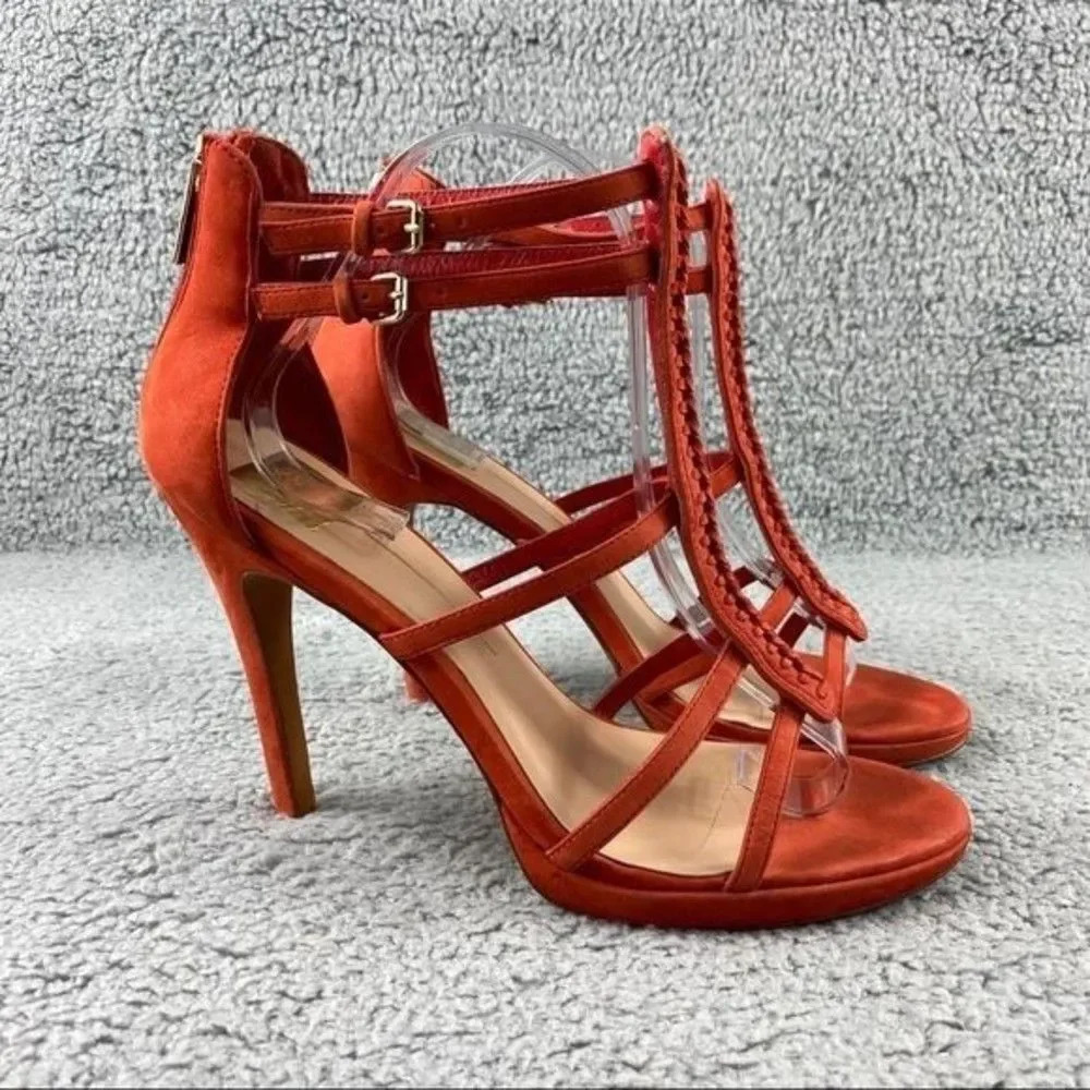 Dolce vita camila Sandals High Heel Nubuck Suede Orange Back Zip Buckle Platform - Picture 2 of 12